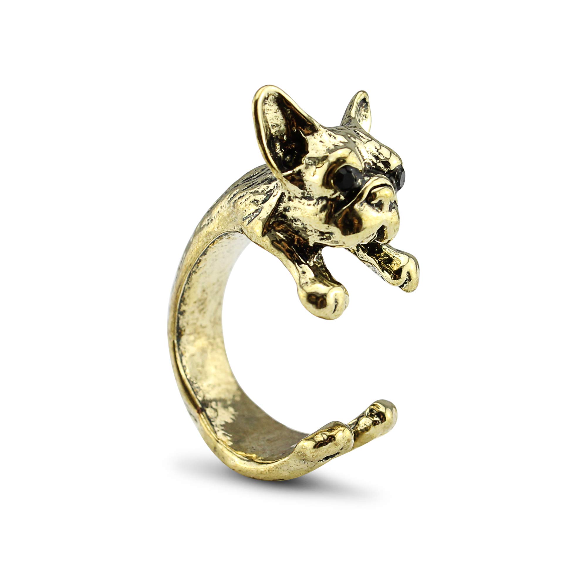 Serebra Jewelry French Bulldog Ring with Silver, Bronze, Black Tone Adjustable Size (Bronze)
