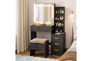 Modern Makeup Vanity Desk with Sliding Mirror & 3-Color LED Lights, Make Up Table with Drawers & Storage Shelves, Charging St