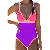 popvil One Piece Swimsuit Women 2025 Neon Color Block Contrast Cross Strap Bathing Suit Modest Cute Swim Suits