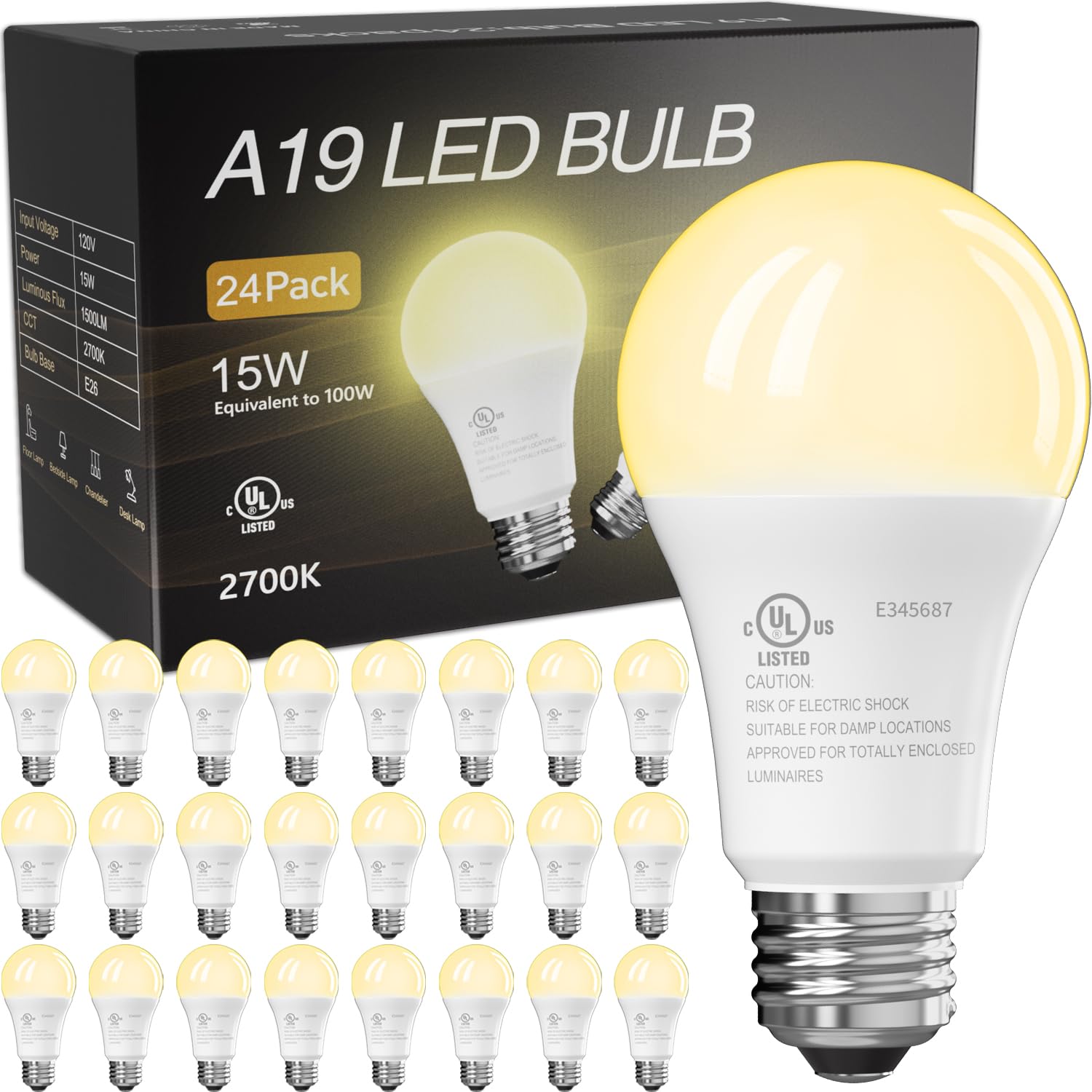 TJOY 24 Pack LED Light Bulbs, 100 Watt Equivalent A19 LED Bulbs, Soft Warm White 2700K, Energy Saving Lightbulbs with E26 Standard Base, 1500 Lumens Non Dimmable Lamp for Home Bedroom Kitchen Image