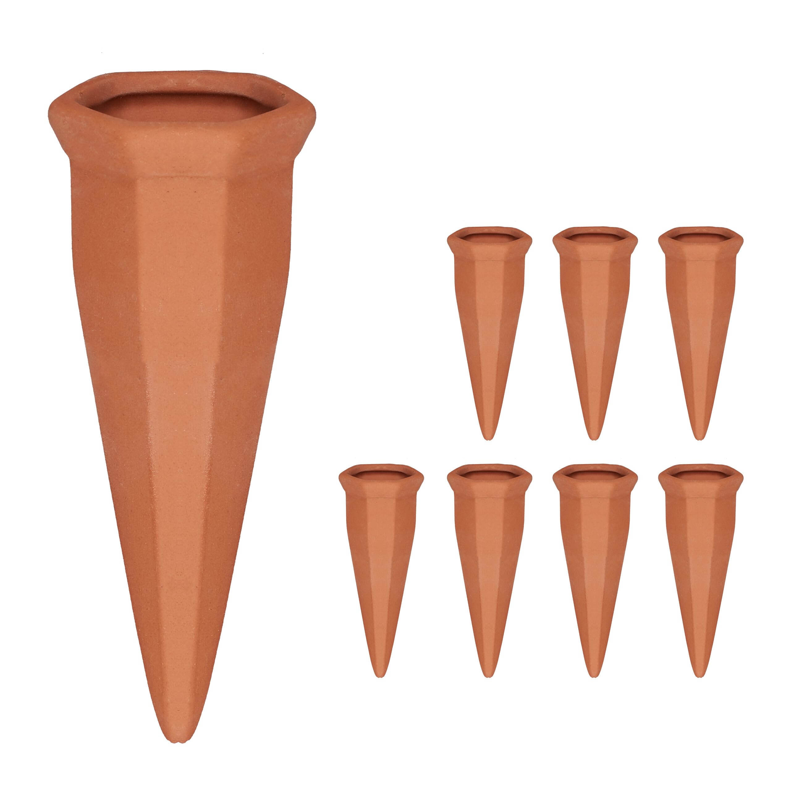 Relaxdays 8x Plant Water Dispenser, Automatic, Irrigation, Holiday, Help, Vacation, Garden, Cone, Ceramic, Terracotta