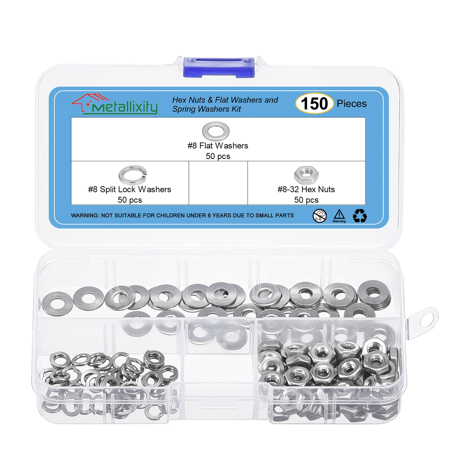 METALLIXITY Hex Nuts Assortment Kit (1/4"-20 Hex Nuts with 1/4 Flat Washers & Split Lock Washers) 150Pcs, 304 Stainless Steel Hexagon Nut Hardware Kit