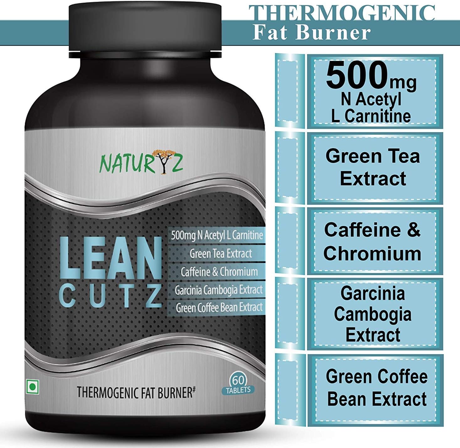 Naturyz Lean CUTZ Thermogenic Fat Burner with 500mg Acetyl L Carnitine, Green Tea Extract, Garcinia Cambogia, Green Coffee Bean Extract, Caffeine & Chromium for Weight Management- 60 Tablets