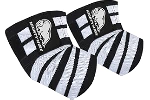 MIGHTY MUSK Flexible 40-inch Elbow Compression Strap and Joint Support Brace for Bench Press, Powerlifting, and Pressing - Weightlifting Elbow Wraps (White Striples)