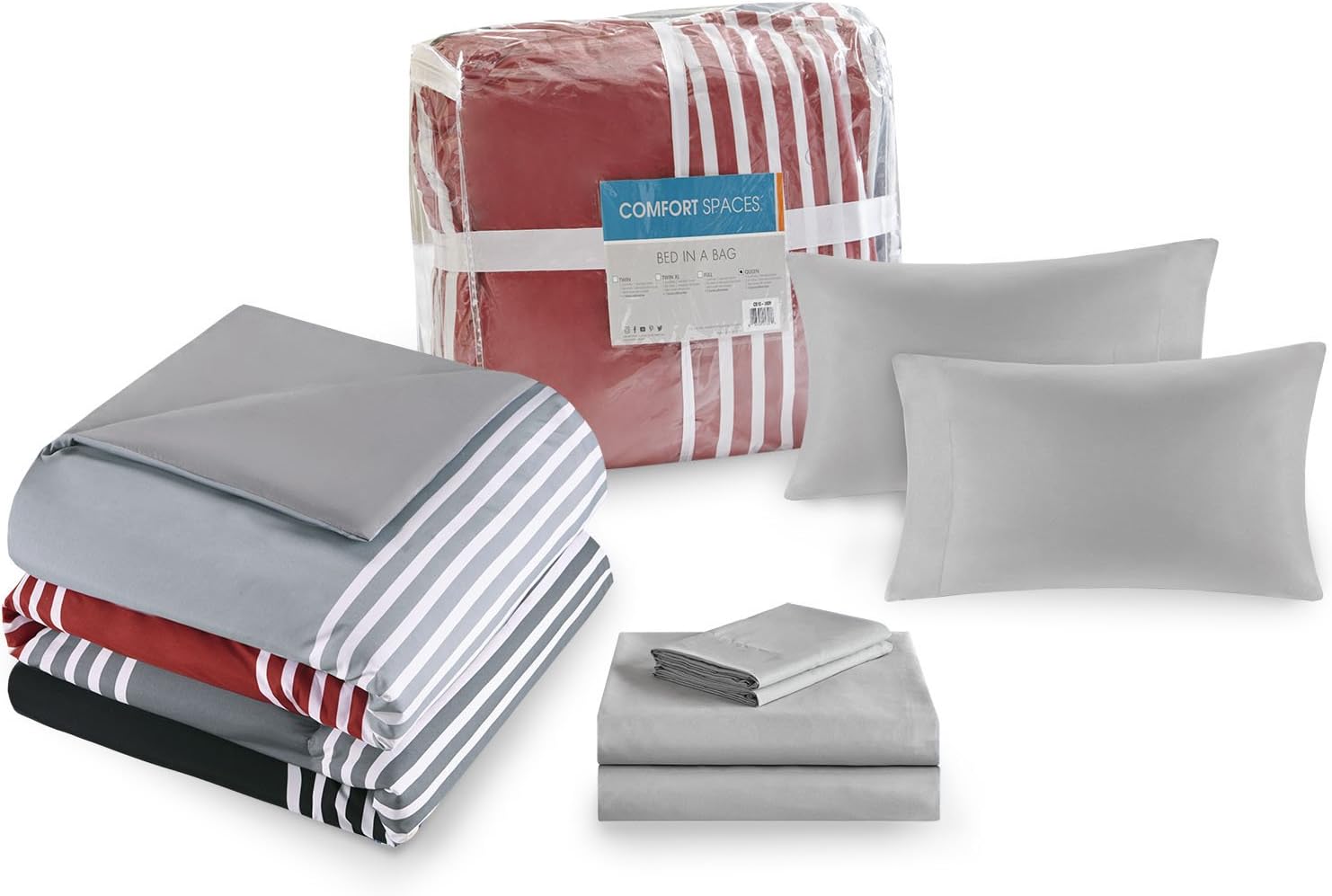 Comfort Spaces Colin 9 Piece Comforter Set All Season Microfiber Stripe Printed Bedding and Sheet with Two Side Pockets, Full, Red/Grey: Home & Kitchen