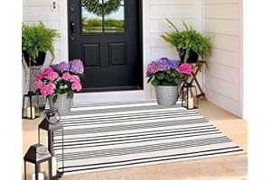 BUAGETUP Black and White Outdoor Rug 3'x 5' Hand-Woven Cotton Washable Rug Striped Front Porch Rug Machine Washable Indoor/Outdoor Area Rug Floor Mat for Farmhouse/Layered Door Mats/Living Room