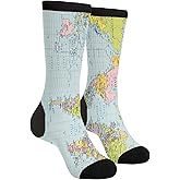 FWSXIVN World Map Vintage Casual Cool 3D Printed Crazy Funny Colorful Fancy Novelty Graphic Crew Tube Socks, Black and White, One Size