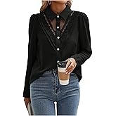 GORGLITTER Women's Lace Top Long Sleeve Button Down Shirt Mesh Collared Dressy Casual Blouse Tops