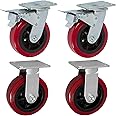 6 inch x 2 inch PRO-TECH Polyurethane Non-Marking Heavy Duty Casters 2 Total Lock Brakes and 2 Rigid, 3600 LBS Load Capacity, RED (4 Pack) - ICON 6660 Series