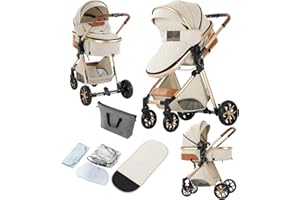 REENBORN 2 in 1 Baby Stroller, Convertible Pram, Reversible Standard Stroller, Portable Baby Buggy, Infant Carriage, Foldable High Landscape Pushchair for Toddler Newborn (225 Creamy White)