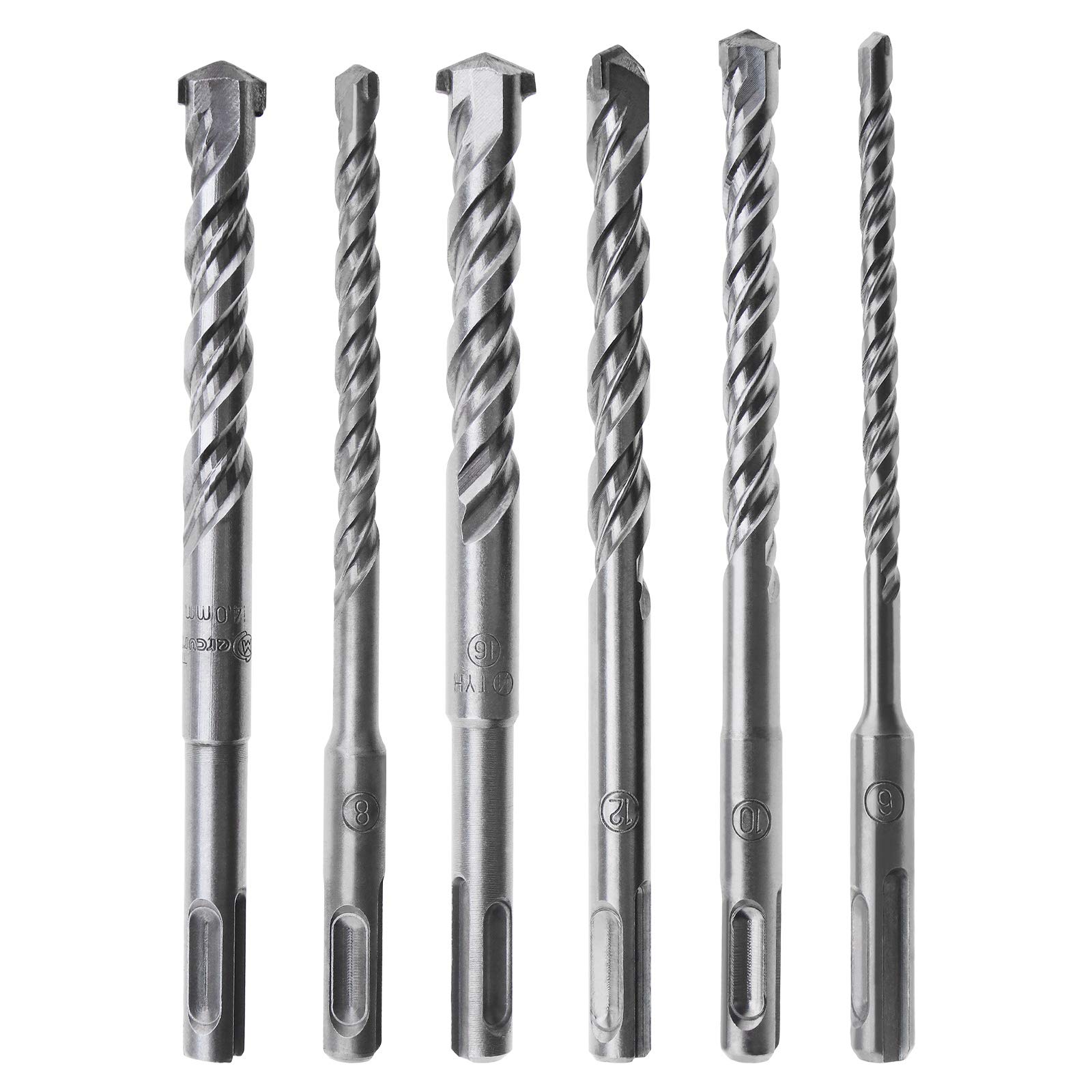 EMSea 6Pcs SDS Plus Rotary Hammer Drill Bit Kit, 6mm 8mm 10mm 12mm 14mm 16mm Shank 160mm Long Double Flutes for Concrete Masonry