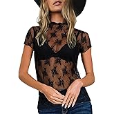 Sheer Mesh Short Sleeve Layering Top for Women Mock Neck Floral Lace Tshirt See Through Tee Shirt Blouse