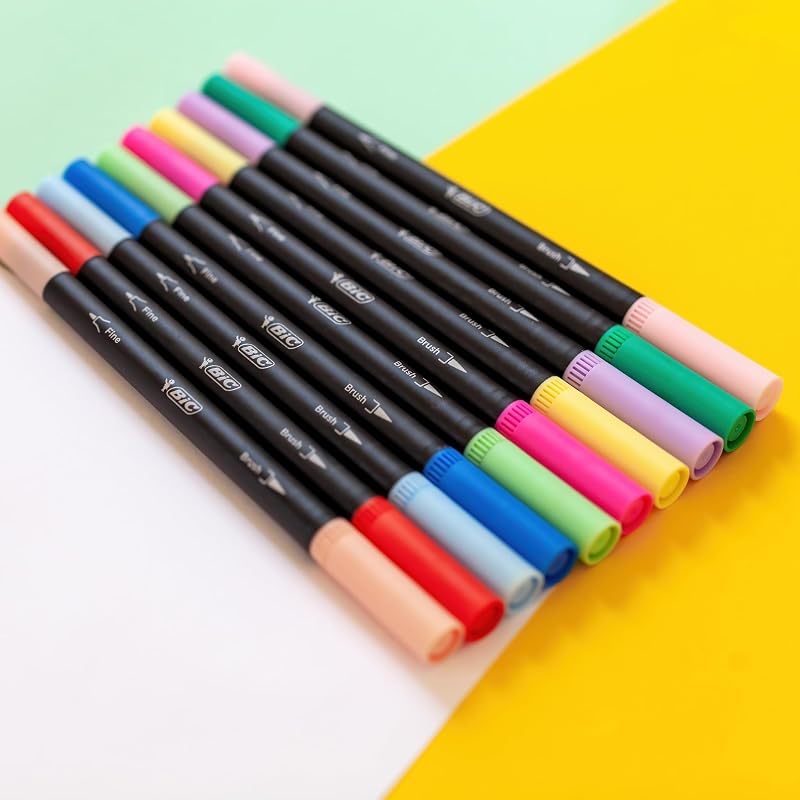 Intensidade, marcadores de letras com ponta dupla, caneta + pincel, cores variadas, caixa de 12 unidades