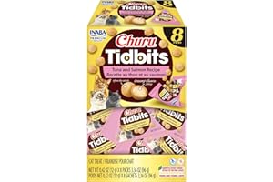 INABA Churu Tidbits for Cats, Soft & Chewy Churu Filled, Baked Chicken Cat Treats with Taurine & Green Tea Extract, 0.42oz per Pack, 8 Packs Total, Tuna & Salmon Recipe