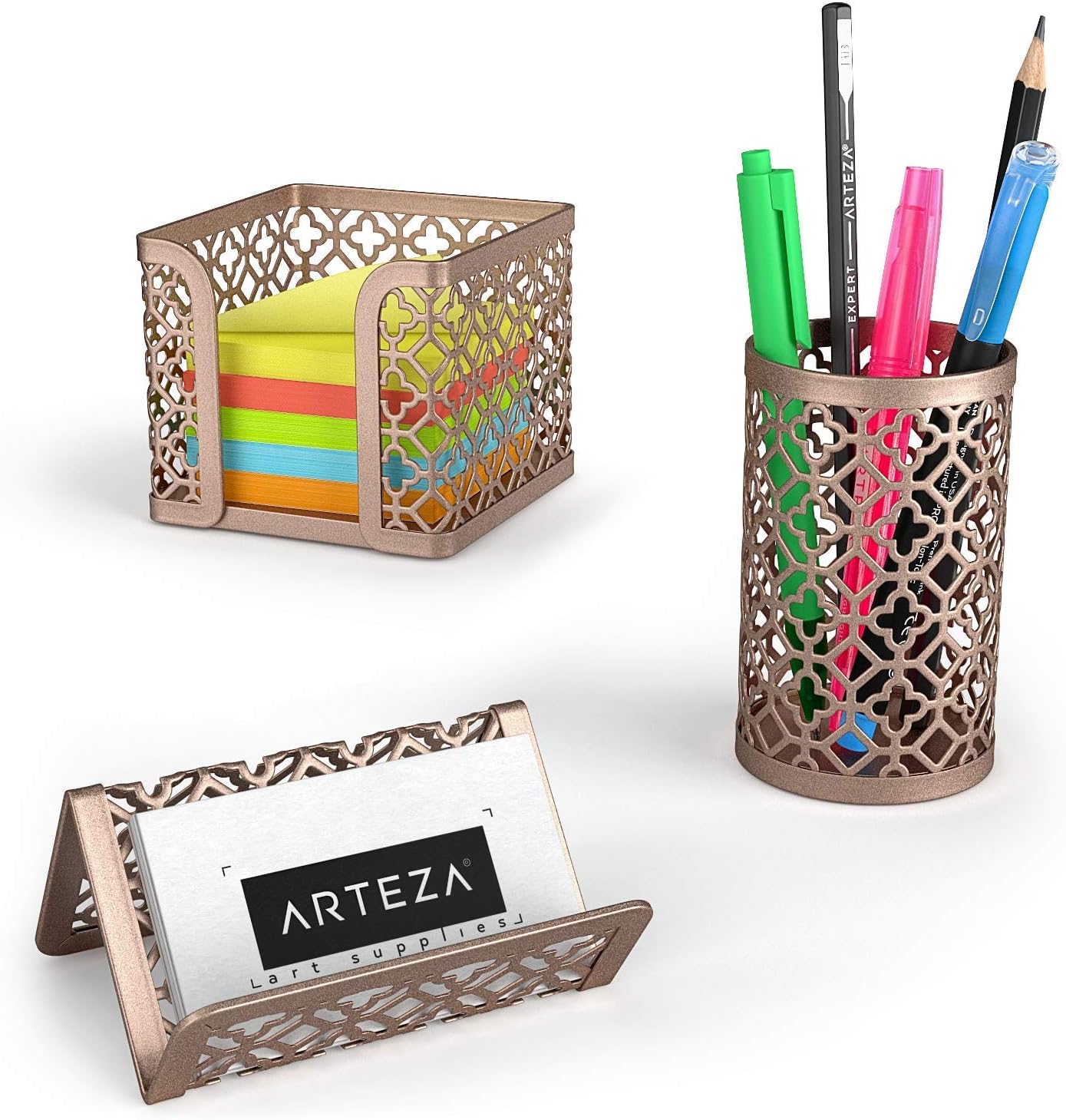 Arteza Desk Organizer Accessories Set in Rose Gold, 6-Piece Includes Pencil Cup Holder, Letter Sorter, Letter Tray, Magazine Holder, Name Card Holder, Sticky Note Holder for Home or Office : Office Products