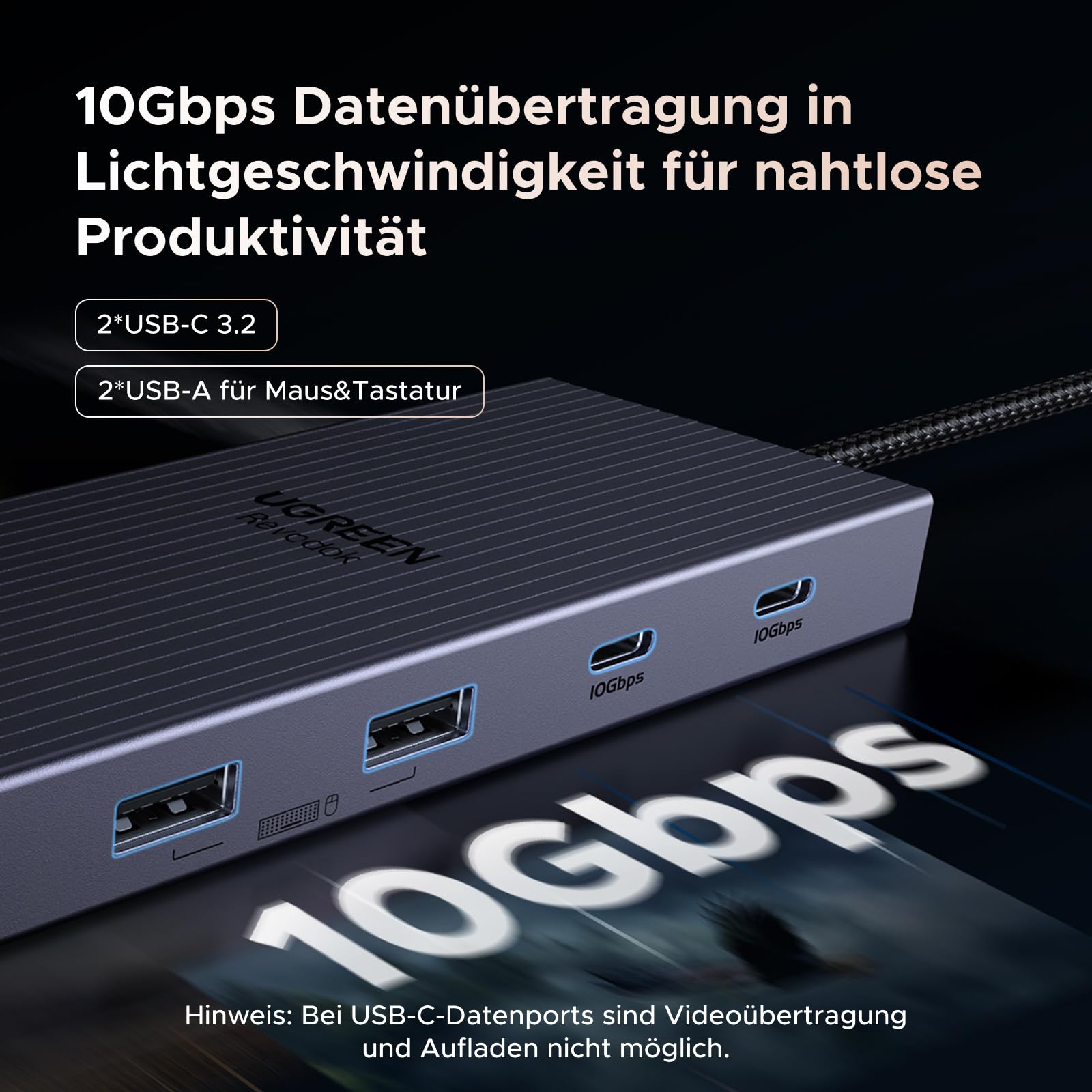 UGREEN Revodok Pro 2111 Docking Station 2 Monitore mit HDMI & DisplayPort 4K@120Hz, 400mm Kabellänge,10Gbps USB-C, USB-A, SD/TF, LAN, Audio, 100W PD - Kompatibel mit ThinkPad X1, HP Envy 17, XPS 15 4