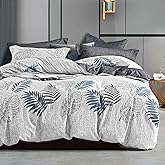 ALESSEL Natural Cotton 3pcs Botanical Comforter Set - Queen Size, Dark Gray Comforter with Blue & Gray Leaves, Reversible Lightweight Floral Bedding Sets