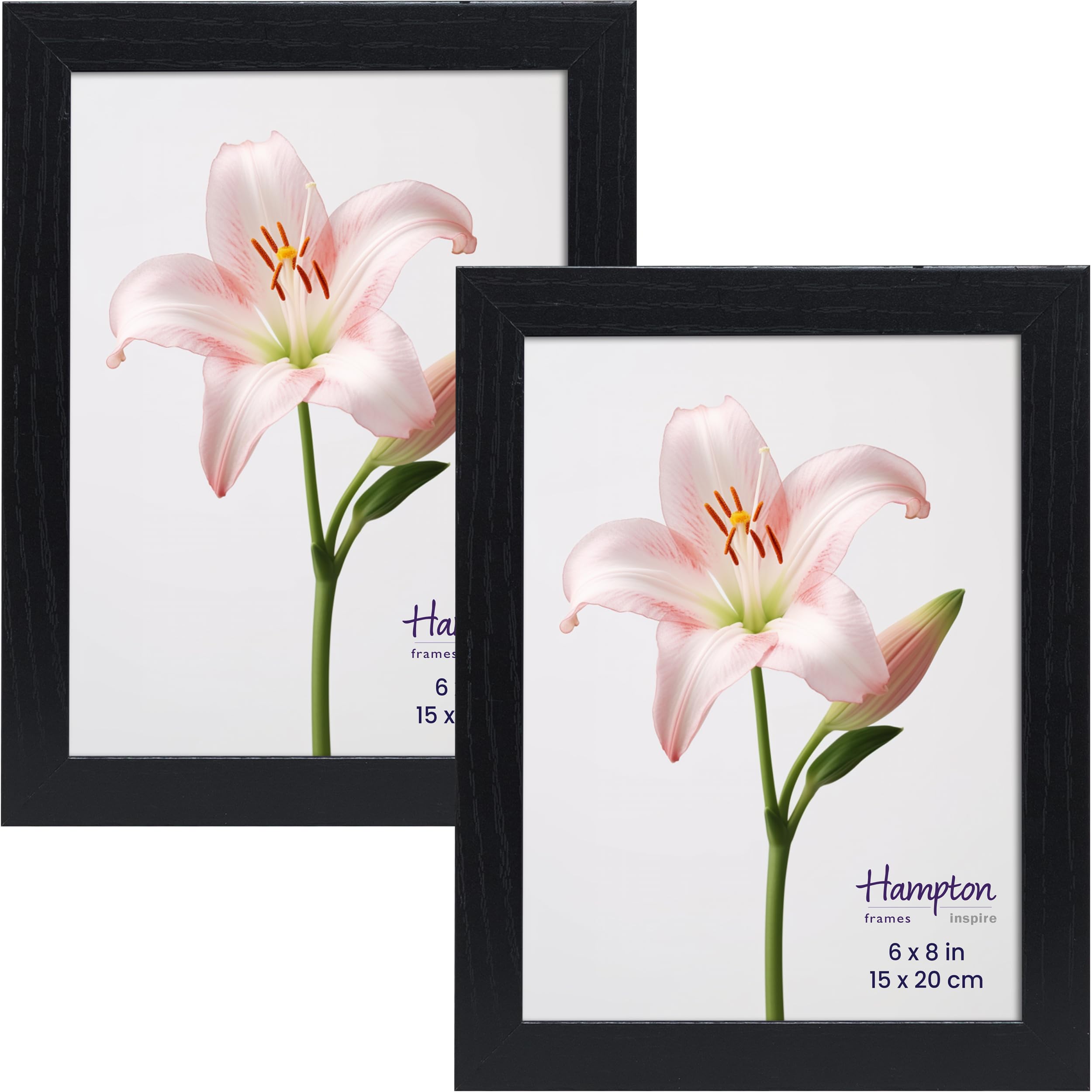 inspire by Hampton Frames | Photo Frame Pack of 2, 6x8 (15x20cm), Black, Engineered Wood, Paperwrapped Wood Effect | Acrylic Front, Freestanding or Wall Mount, Rectangular | Display Photos