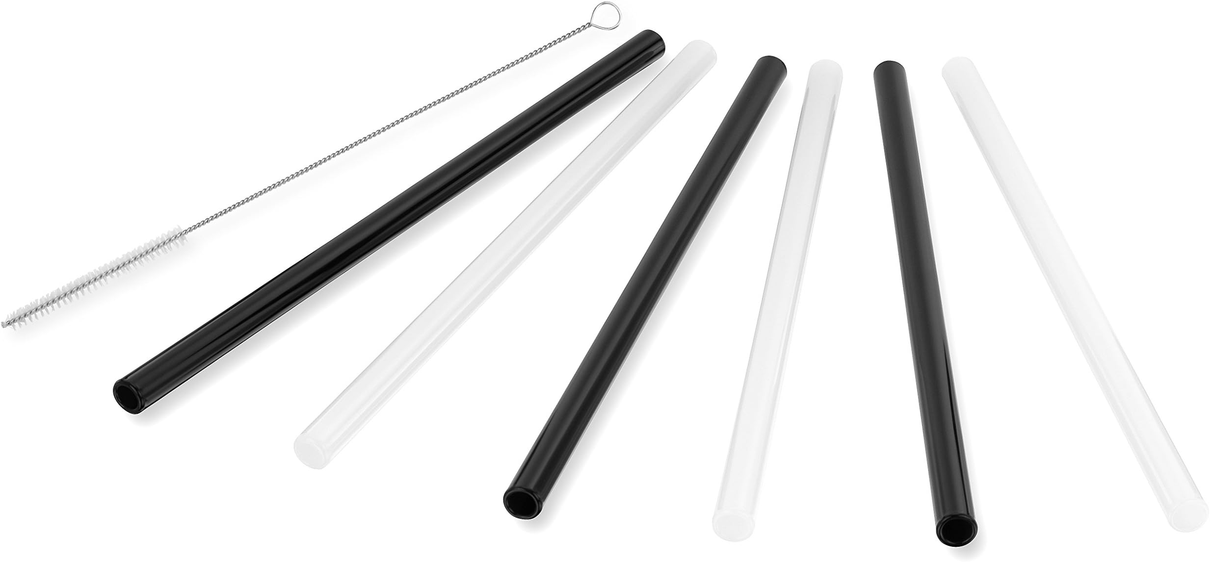 StrawGrace Handmade Glass Straws - independently tested in DE - 3x Black & 3x White, Straight 23 cm x 10 mm - 6 Pack With Brush - Ideal for Smoothies etc - Healthy, Reusable, Eco Friendly, BPA Free