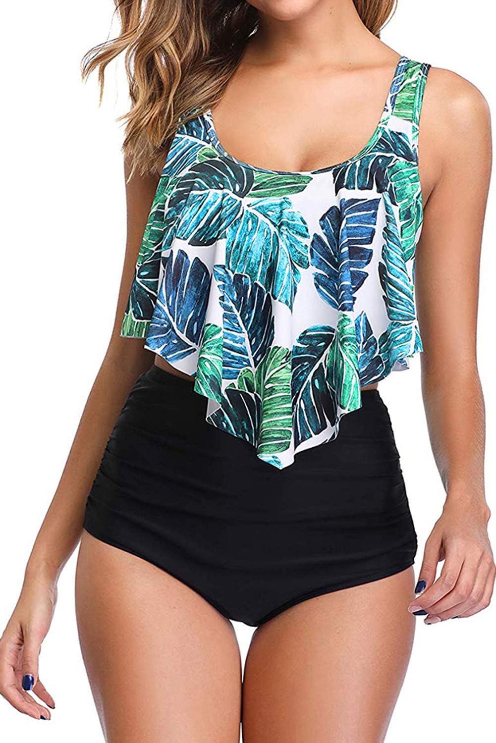 Women High Waisted Bikini Swimsuit Plus Size Flounce Top Vintage Tummy Control Bottom Two Piece Tankini Bathing Suits