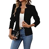 ELLEVEN Womens' Tweed Open Front Blazer Long Sleeve Jacket Notch Collar Fully Lined Casual Business Work Office Coat