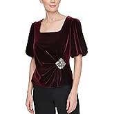 Alex Evenings Womens Velvet Square Neck Blouse with Puff Sleeve and Embellished Detail