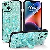 Jefonha Compatible with iPhone 14 Case with Finger Hand Strap Kickstand, Cute Flowers Floral Phone Case for Girls Women Men, Full Camera Protection Shockproof Protective Cover, Green Flowers