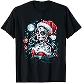 Christmas Sugar Skull Art Woman Santa Hat Festive Design T-Shirt