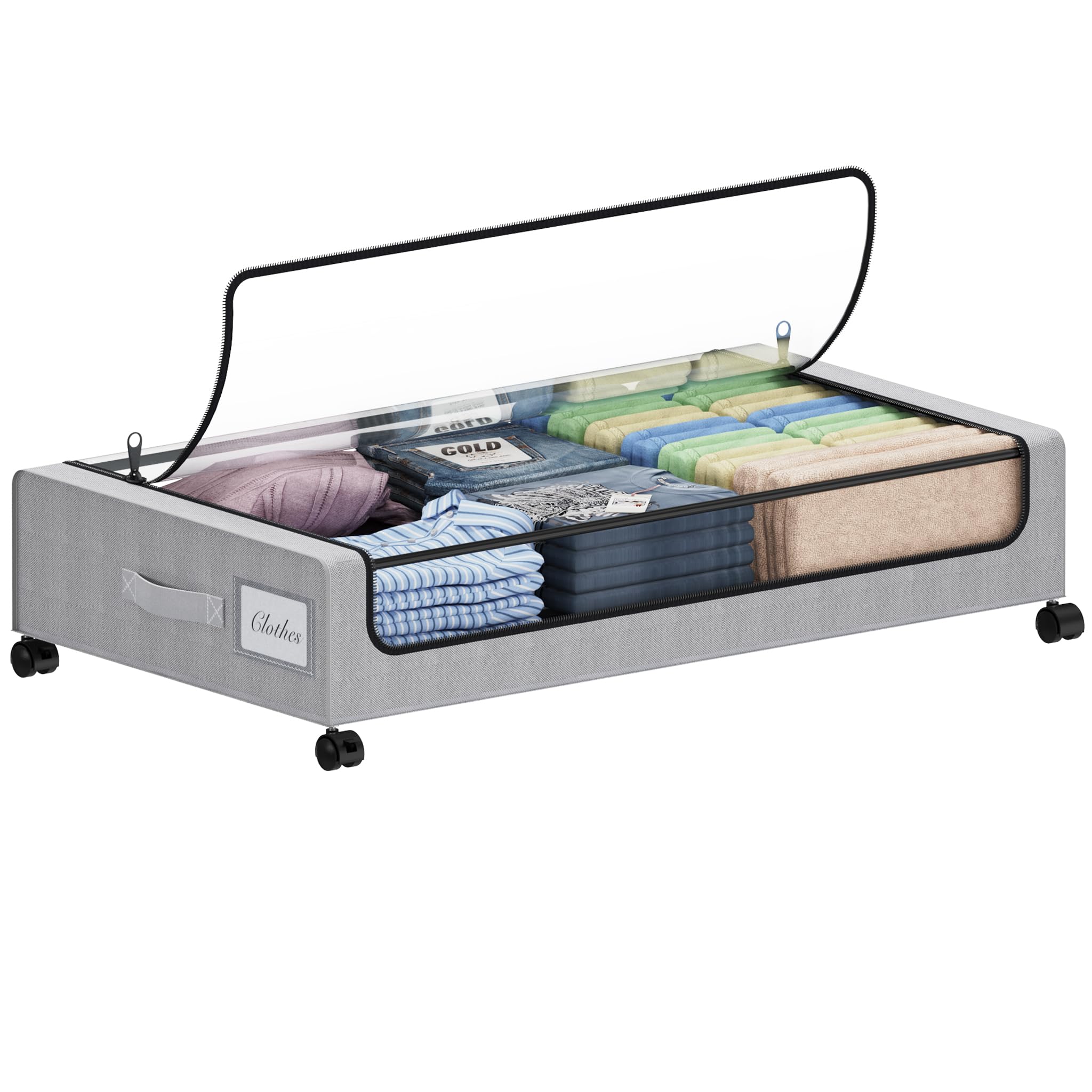 Tututry Under Bed Storage with Wheels, XXL 60L Under the Bed Storage Bins, Underbed Storage Containers with Lids & Label, Rolling Metal Drawer for Shoes, Clothes, Books, Toys (Dark-Gray)