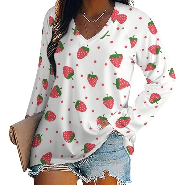 Kawaii Strawberry Print Long Sleeve Shirts for Women Fashion