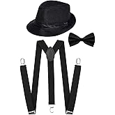 SUMERSHA 3Pcs 1920s Mens Costume Accessories Roaring 20s Set Fedora Hat Y-Back Suspenders Bow Tie for Halloween Theme Party