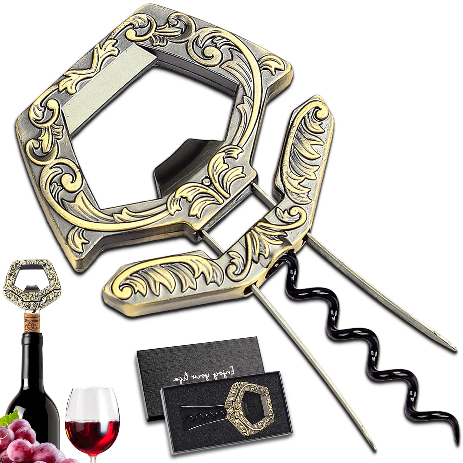 LUCYLANKER Wine Bottle Opener, 3 in 1 Ah So Wine Opener, Wine Bottle Opener for Old Corks, Ah So Wine Opener with Corkscrew, Wine Cork Remover, Gift for Wine Lovers (Bronze)