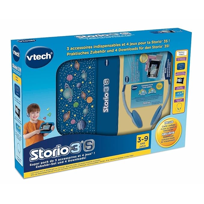 Vtech Lerntablet Storio 3 S Super Pack Zubehör Bundle, blau - Kopfhörer, Schutzfolie, Schutzhülle, Guthaben Karte für Downloa