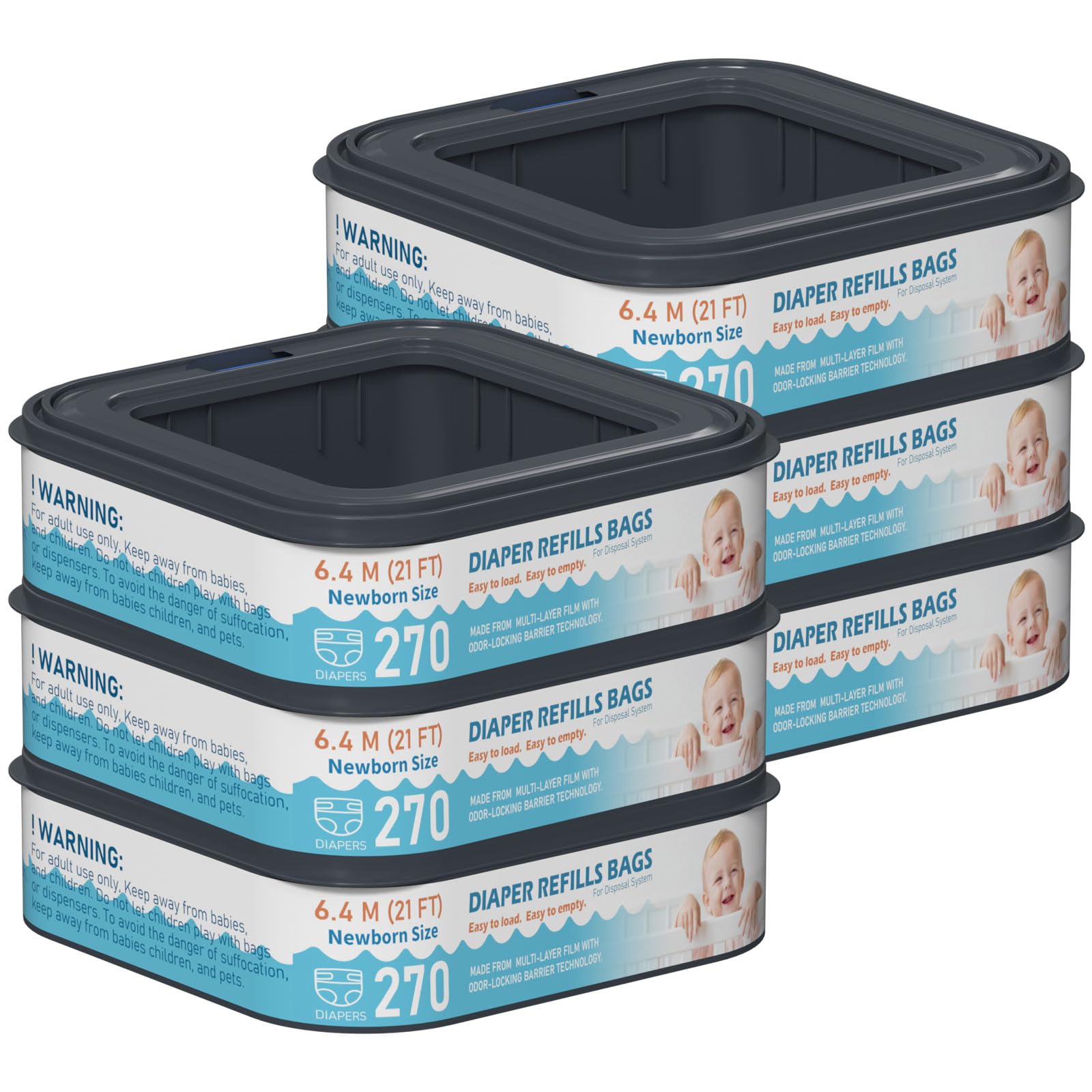 Photo 1 of Standard Square Refills Disposal Bags Refill Compatible with Diaper Genie Compact, Select Pails (Not Fit Classic Version Pails), Hold Up to 270 Newborn-Sized Diapers Per Refill, Pack of 6
