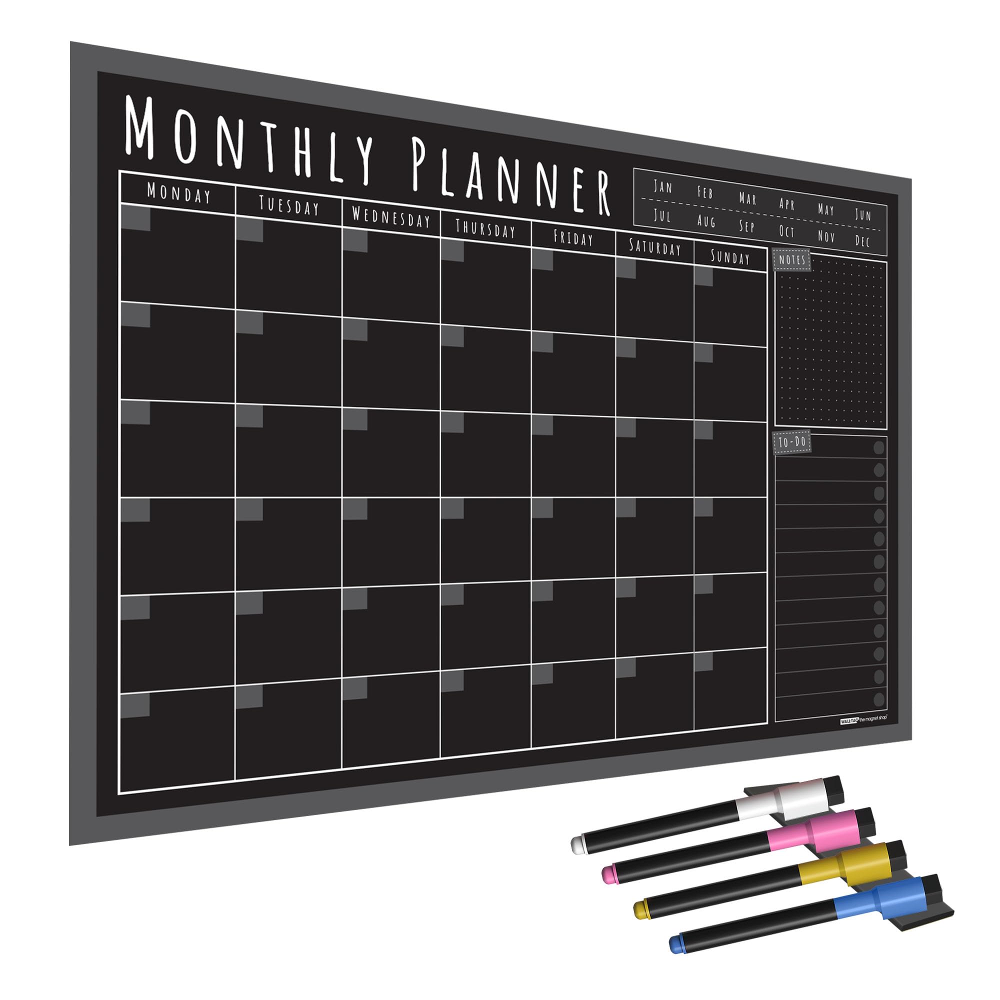 WallTAC A3 Monthly Wall Planner Sticker with Blackboard Pens | Made in the UK | Easy-to-Remove Dry Wipe Calendar or To Do List for Home and Office [30 x 42cm]