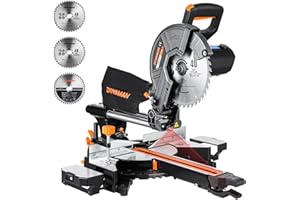 DOVAMAN Updated 10-Inch Sliding Miter Saw, Multi-Material Cutting w/ 3 x TCT Blades, Ambidextrous Operation, 5000/3200RPM Spe