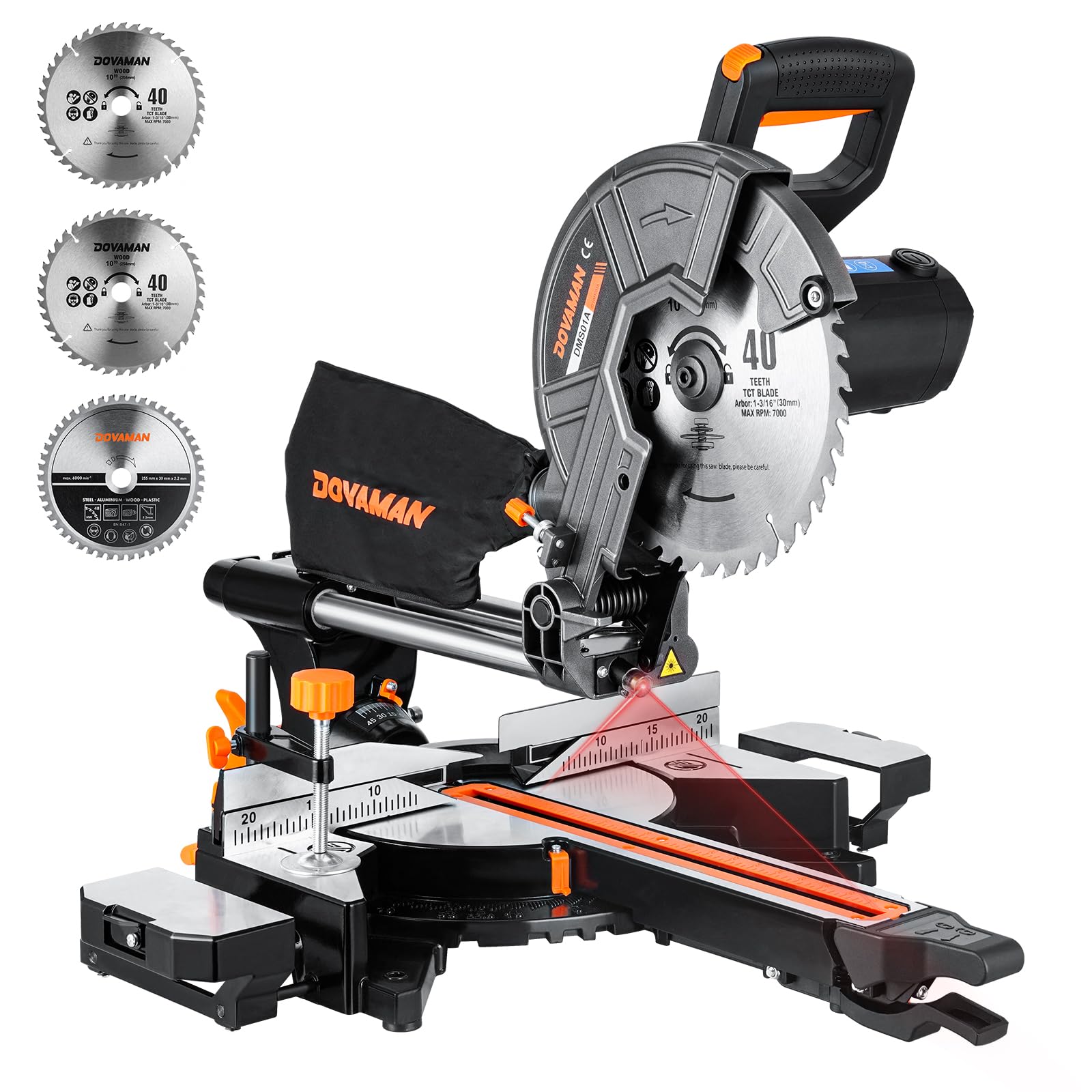 DOVAMAN Updated 10-Inch Sliding Miter Saw, Multi-Material Cutting w/ 3 x TCT Blades, Ambidextrous Operation, 5000/3200RPM Speed, Laser Guide, 0-45° Bevel Cut, Max Cut 3.5x13.4in, 9 Positive Stops Image