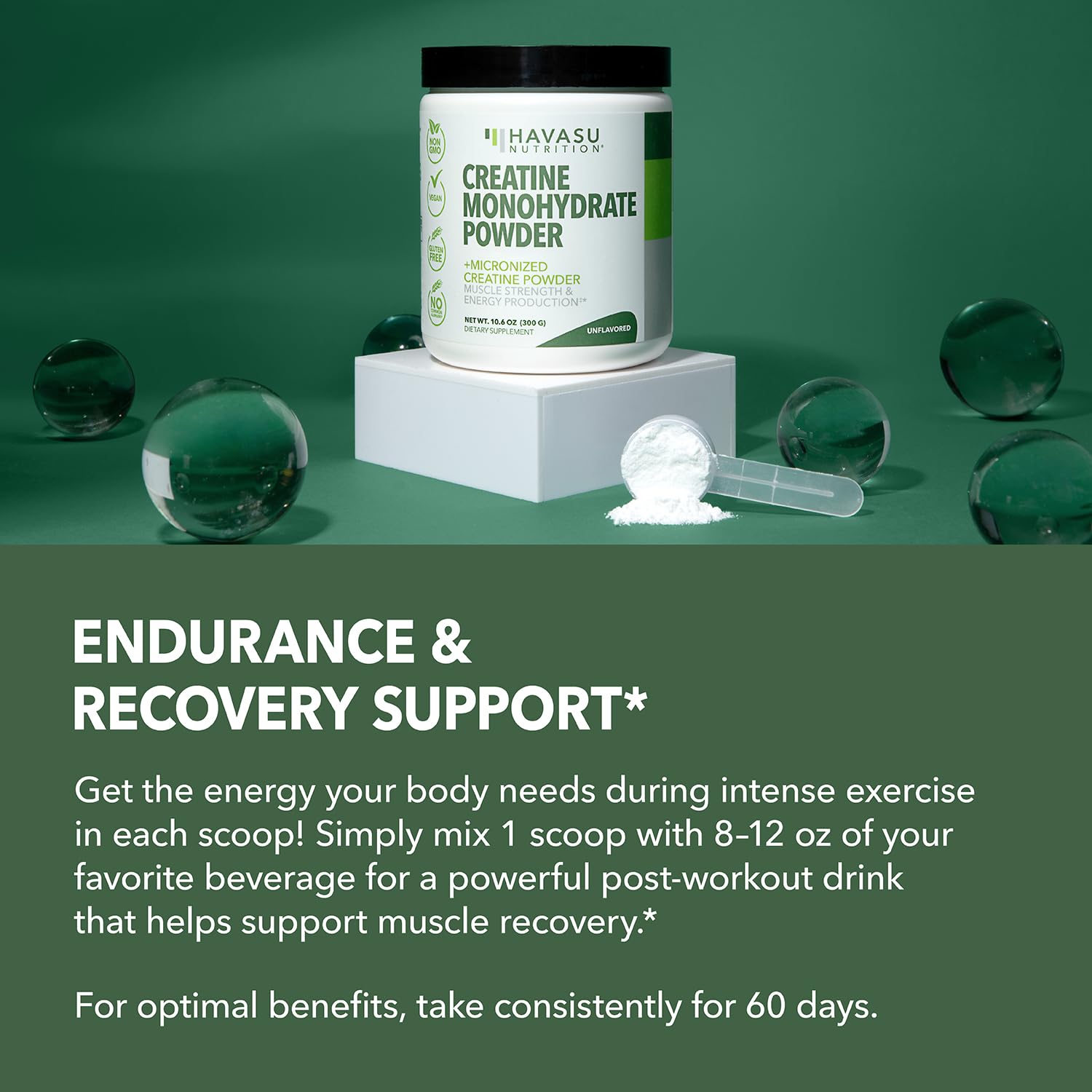Micronized Creatine Monohydrate Powder - 5g Unflavored Post-Workout Recovery for Lean Muscle Mass, Endurance, and Energy Production - Easy-to-Mix - Vegan, Non-GMO, Gluten-Free - 60 Servings