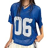 Y2k Jersey Shirts for Women Number Letter Graphic Mesh Oversized T Shirt Vintage V Neck Summer Football Tee Tops