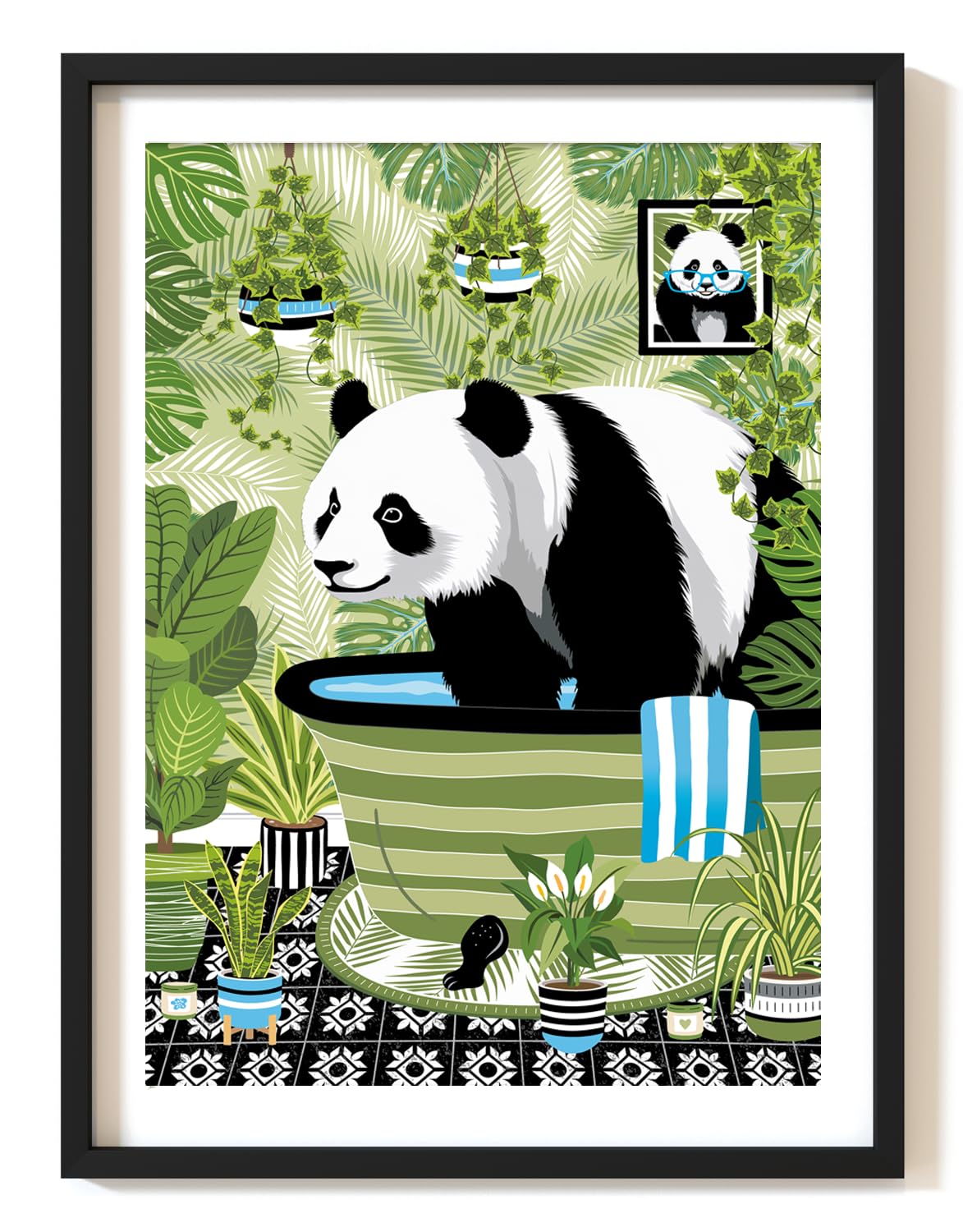 Panda on Toilet Print, Panda Bathroom Print, A4 UNFRAMED Print, Animal on Toilet Print, Botanical Green Print Tropical Bathroom Decor