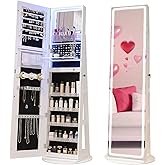 CHARMAID Swivel LED Mirror Jewelry Cabinet Armoire, Full Length Mirror with Storage, 3 Color & Adjustable Lights, Lockable Standing Jewelry Organizer with Lighted Mirror (White)