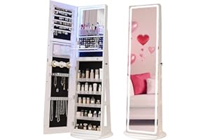 CHARMAID Swivel LED Mirror Jewelry Cabinet Armoire, Full Length Mirror with Storage, 3 Color & Adjustable Lights, Lockable Standing Jewelry Organizer with Lighted Mirror (White)