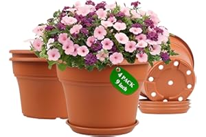 POTTIFFE 9 Inch Plastic-Flower Pot-for-Indoor Plants, 4 Pack Large Outdoor Planter Pot with Drainage Holes & Saucers, Resin Decorative Garden Pots Planters