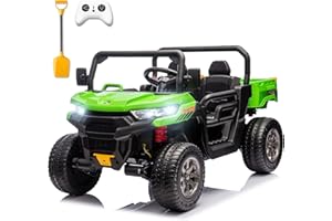 Sopbost 2 Seater 24V Ride On Truck with EVA Tires Wheels 4WD Kids Electric Car with Dump Bed Ride On Toy Car with Remote Control, Kids UTV for Boys Girls, Extra Shovel,Music, Green