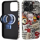 MQJCYB Magnetic Case for iPhone 16 Pro Max,Compatible with MagSafe Hybrid Heavy Duty 2 in 1 Full Body Rugged Shockproof Protection Glossy Case Disco Girl Vintage 8 Ball Collage