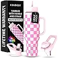 Coldest 40 oz Tumbler with Handle and Straw - 100% Leak Proof Insulated Tumbler with Lid and Straw (3 Lids) - Stainless Steel Tumblers for Women & Men - Cup Holder Friendly Base, 46 oz (Pink Checkers)