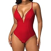 SHAPERIN Women's Lace Trimmed Deep V Neck Bodysuit Plunge Tummy Control Shapewear Thong Body Suits Cami Tank Corset Tops
