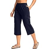 Women's Capri Pants with 4 Pockets Soft Cotton Stretch Cropped Pants Loose Cargo Capris for Women Yoga Casual
