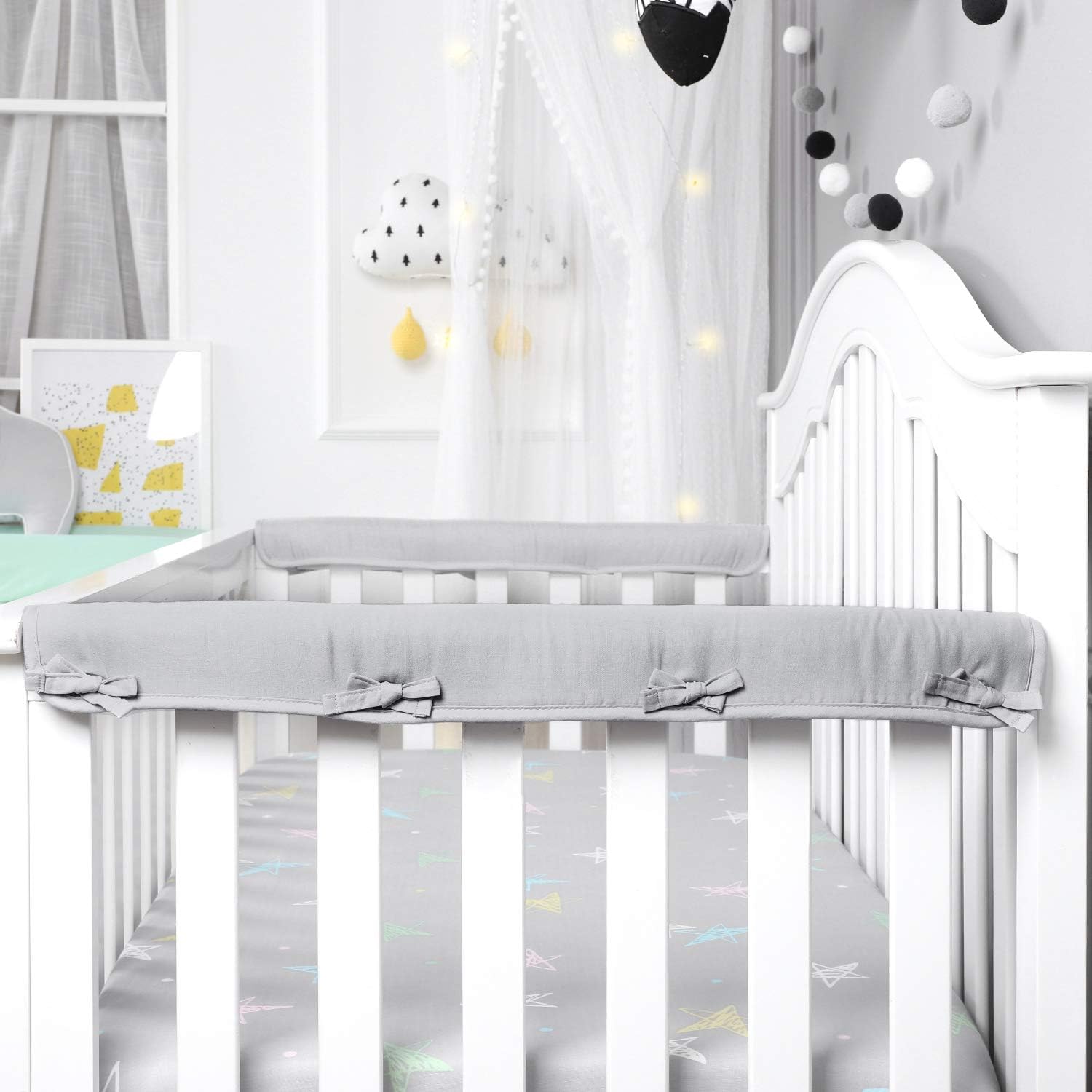 Designthology 2-Pack Padded Baby Crib Rail Cover Protector Safe Teething Guard Wrap for Narrow Side Crib Rails(Measuring Up to 8" Around), 100% Breathable Muslin Cotton, Reversible, Gray