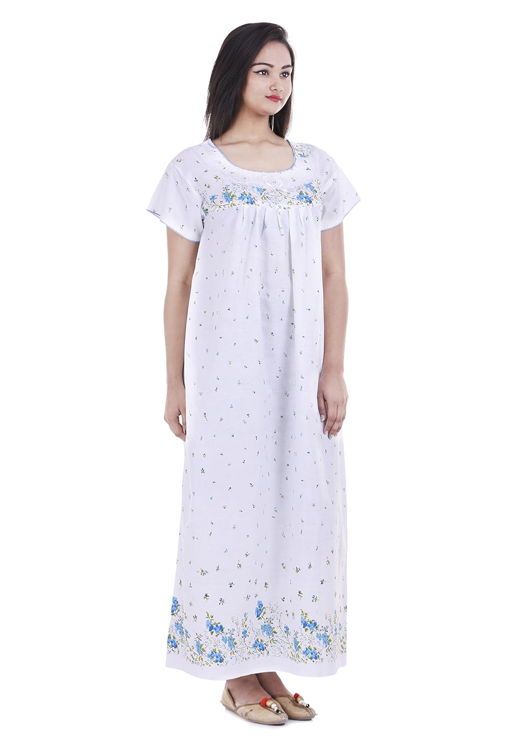 indian handicraft women's cotton nighty (gwn-23, white, free size)